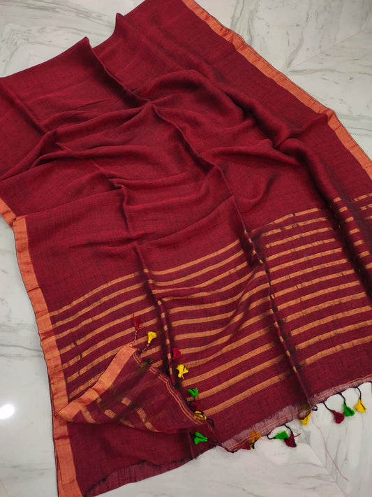 Pure Linen Maroon Saree Contrast Striped Pallu With Running Blouse-Indiehaat
