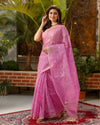 Pure Cotton Kota Doria Saree Rose Pink Color Jaal Embroidery with running blouse - IndieHaat