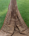 Kota Doria Saree Dark Brown Color Chikankari work without blouse - IndieHaat