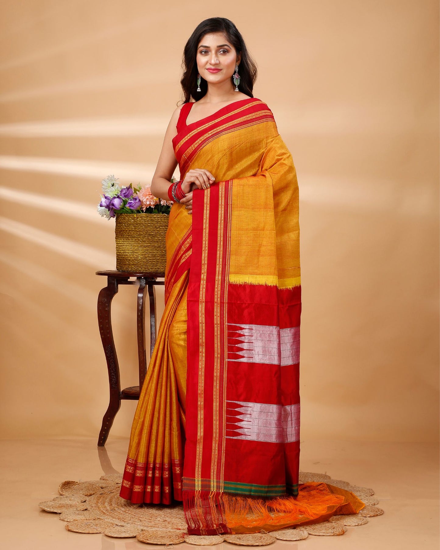 ILKAL Handloom Cotton Silk Saree Gajari Color with running blouse - IndieHaat