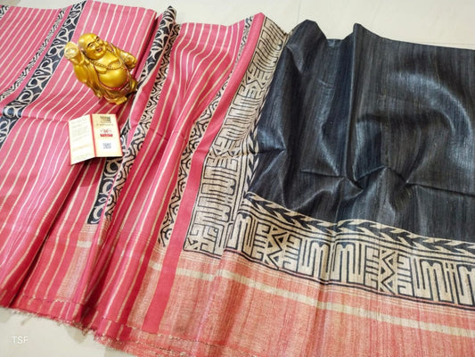 Silkmark Certified Tussar Silk Handloom Handblock Printed Blue and Pink Saree with Blouse-Indiehaat