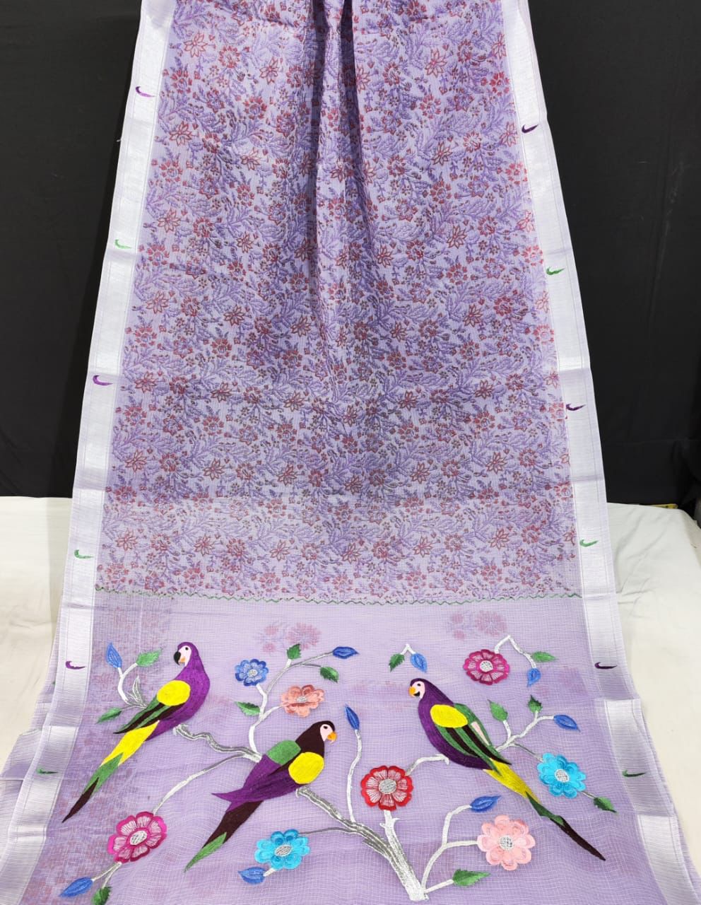Kota Doria Paithani Embroidery Designer Saree Lavender Violet Colour with running blouse