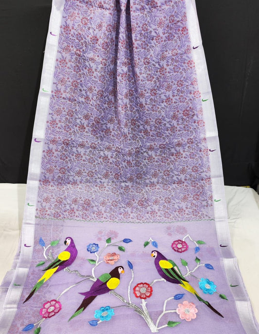 Kota Doria Paithani Embroidery Designer Saree Lavender Violet Colour with running blouse-Indiehaat