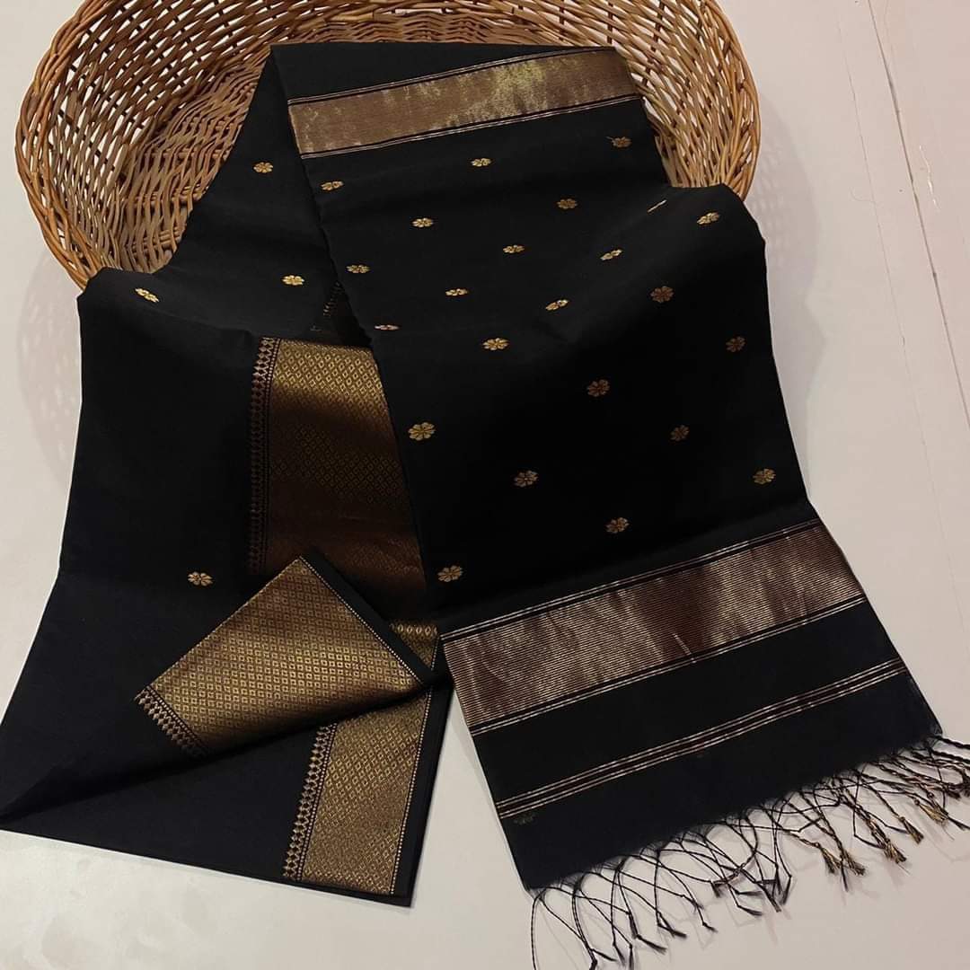 Maheshwari Cotton Silk Saree Butta Body Black Color and contrast blouse ...