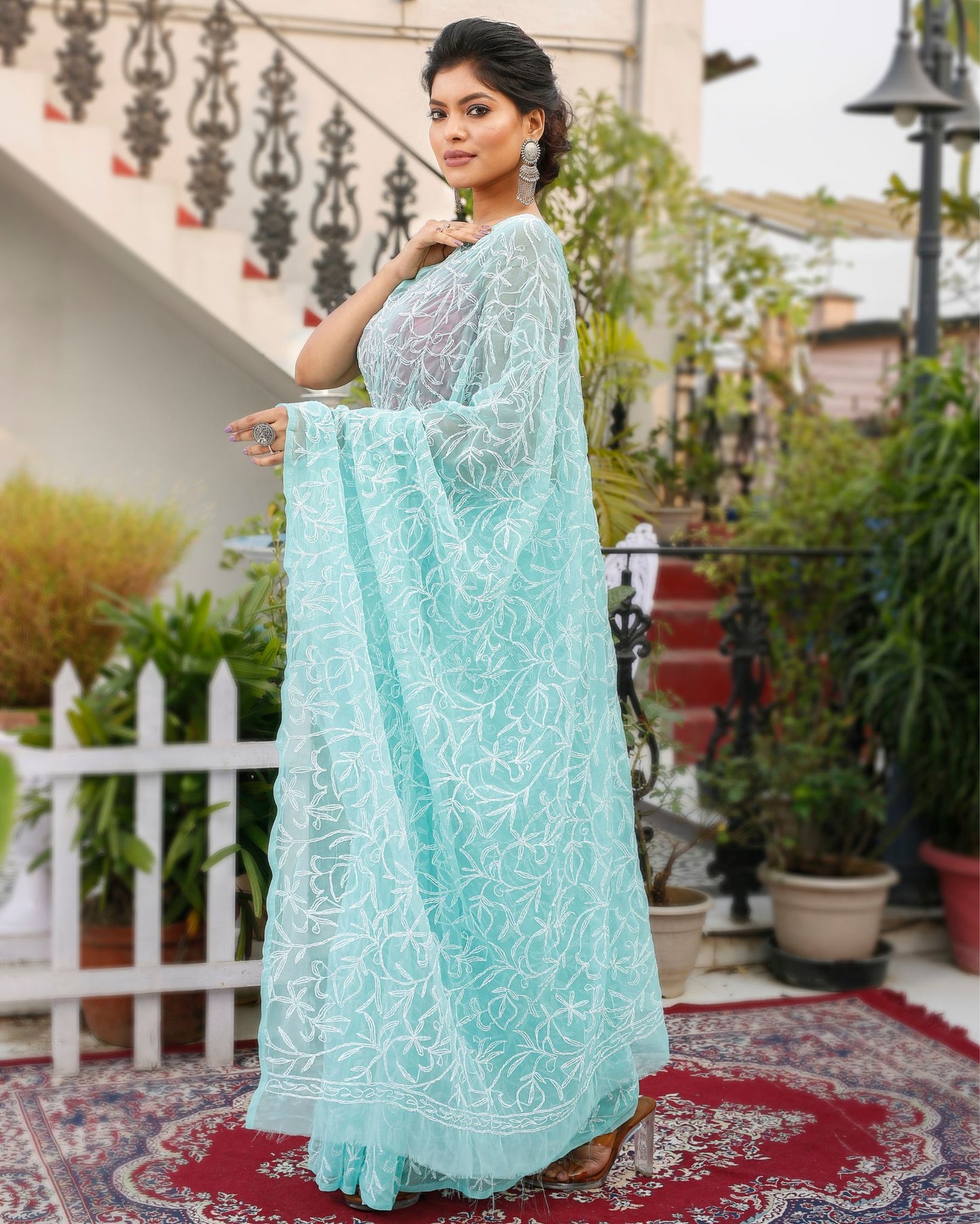 Georgette Handcrafted Saree Light Blue Color Tepchi work with Running Blouse - IndieHaat
