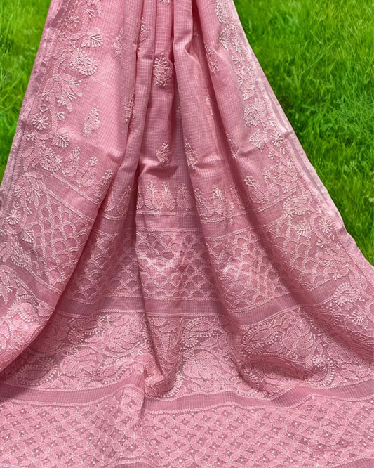 Kota Doria Saree Rose Pink Color Chikankari work without blouse - IndieHaat