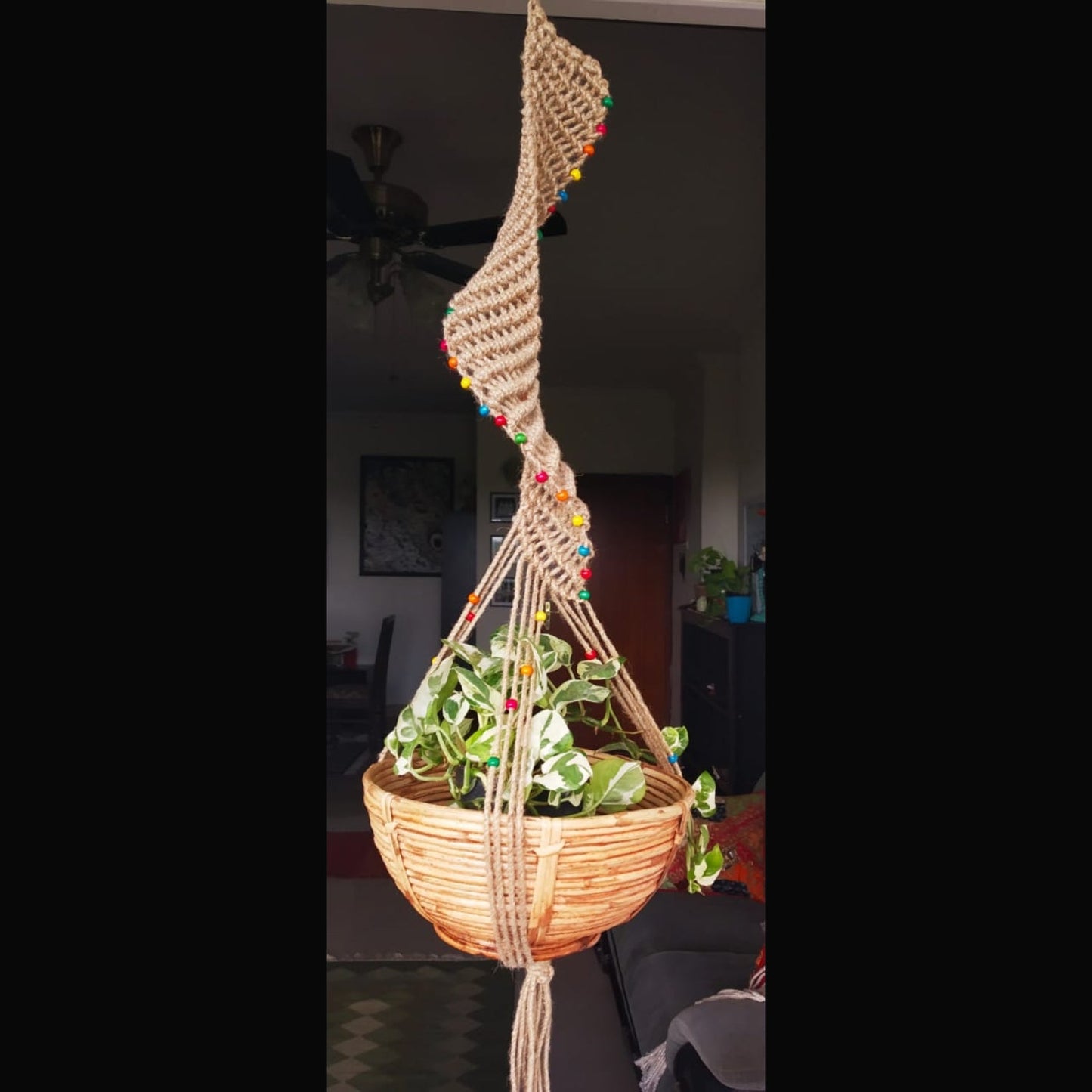 Macrame Wall Hanging Twisted Pot Holder With Wooden Beads And Jute Thread-Indiehaat