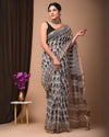 Kota Doria Cotton Saree Gray Color Block printed with running blouse - IndieHaat