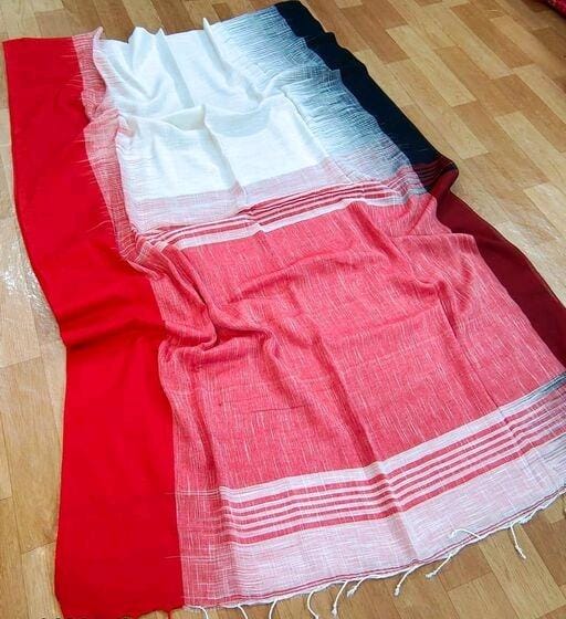 Handloom Cotton Ikkat Weaving White and Red Saree with Contrast Blouse-Indiehaat