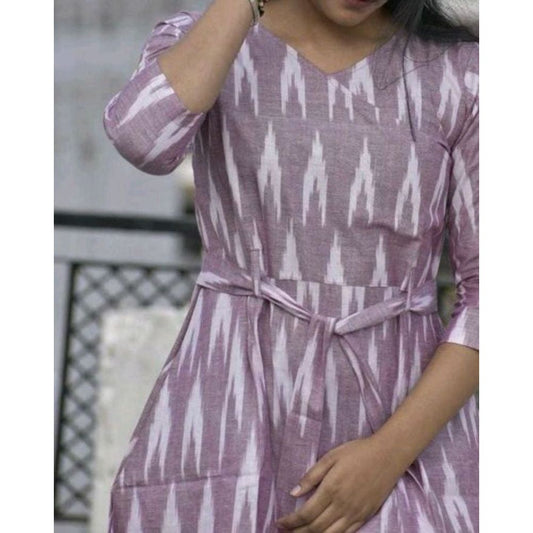 Pure Cotton Lavender Ikkat Handblock Printed Prestitched Dress (Size 34 to 46)-Indiehaat