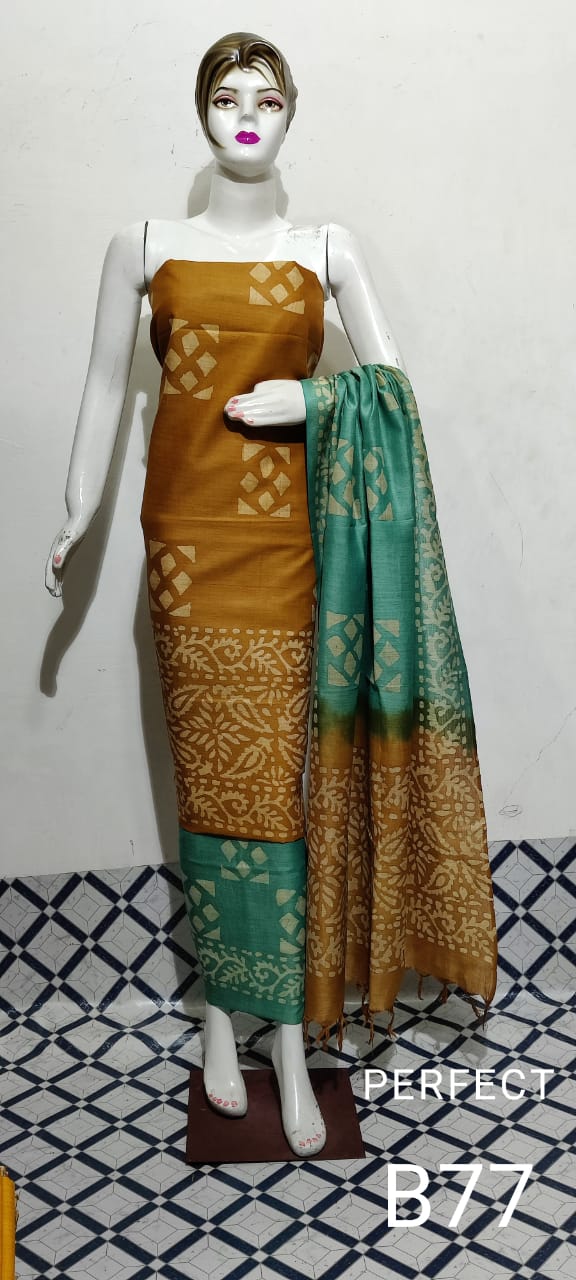 Khadi Cotton Batik Handblock Print Mustard Yellow Suit Piece with Bottom and Dupatta-Indiehaat