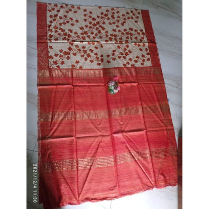 Silkmark Certifiied Tussar Silk Handloom Handblock Printed Red  Saree with Blouse-Indiehaat