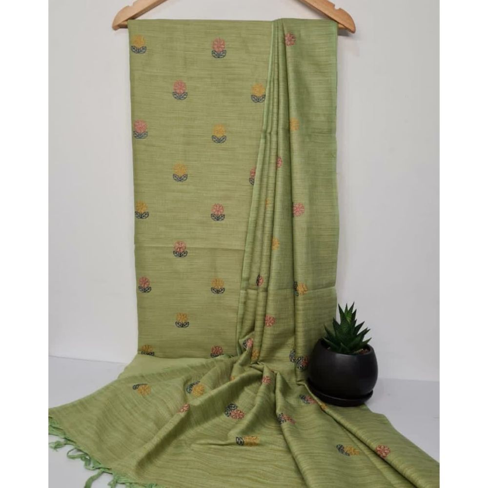 Khadi Cotton Digital Embroidered Green color Suit Piece with Bottom and Dupatta-Indiehaat