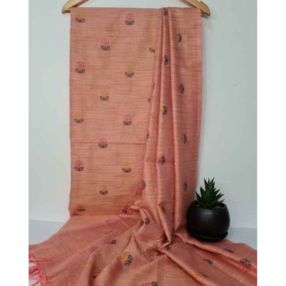 Khadi Cotton Digital Embroidered Orange color Suit Piece with Bottom and Dupatta-Indiehaat