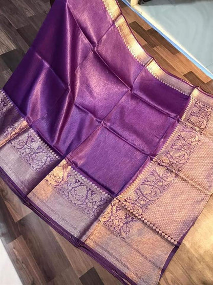 Silk Linen Weaving Design Jacquard Handloom Purple Saree with Running Blouse-Indiehaat