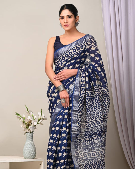 Linen Saree Indigo Blue Color Handblock Kalamkari Printed with running blouse - IndieHaat