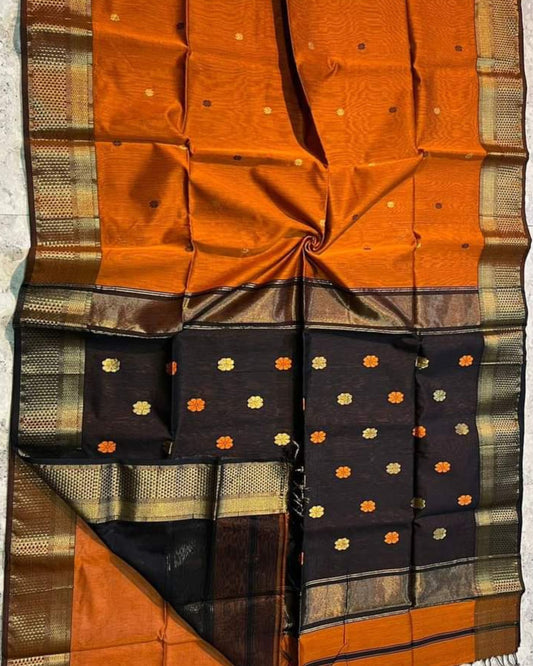 Maheshwari Silk Saree Orange Color Handloom Handwoven Zari Border with flower Buti work pallu and contrast blouse - IndieHaat