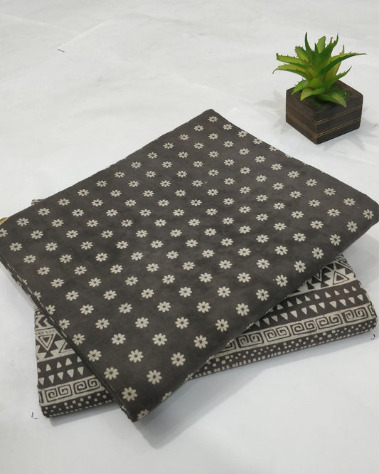 2141-Pure Cotton Dark Gray Suit Handblock Printed Only Top And Dupatta