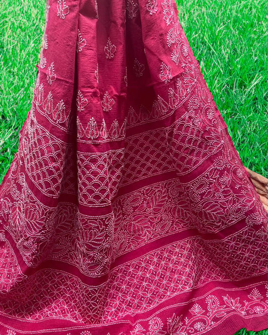 Kota Doria Saree Magenta Pink Color Chikankari work without blouse - IndieHaat