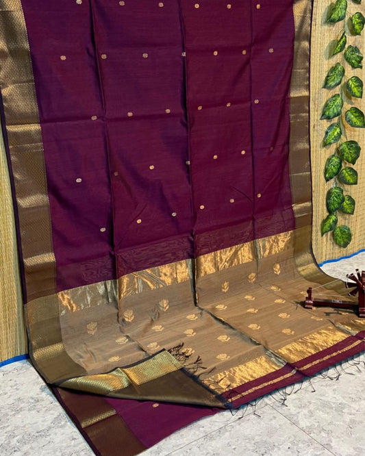 Maheshwari Handloom Handwoven Saree Dark Burgundy Color Double Design Zari Border with flower buti pallu and contrast blouse - IndieHaat
