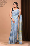 Mulmul Cotton Blockprinted Tranquil Blue Saree