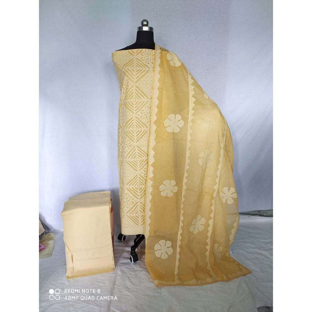 Cotton Applique work Yellow Suit with Organdy Dupatta-Indiehaat