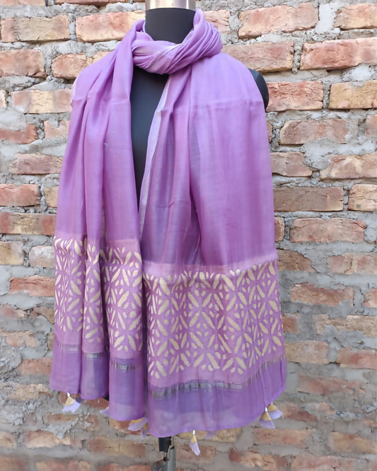 Chanderi Silk Dupatta Bright Lavendar Color Applique Work - IndieHaat