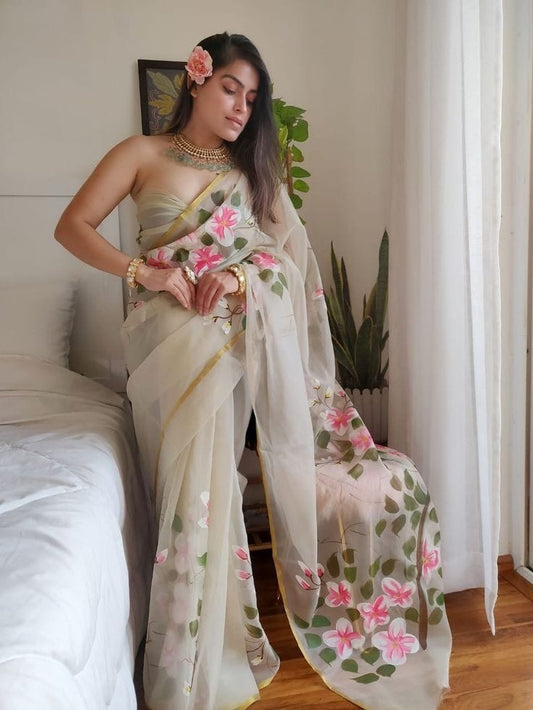 Organza Silk Saree Off-White Color Hand Painted with running blouse - IndieHaat