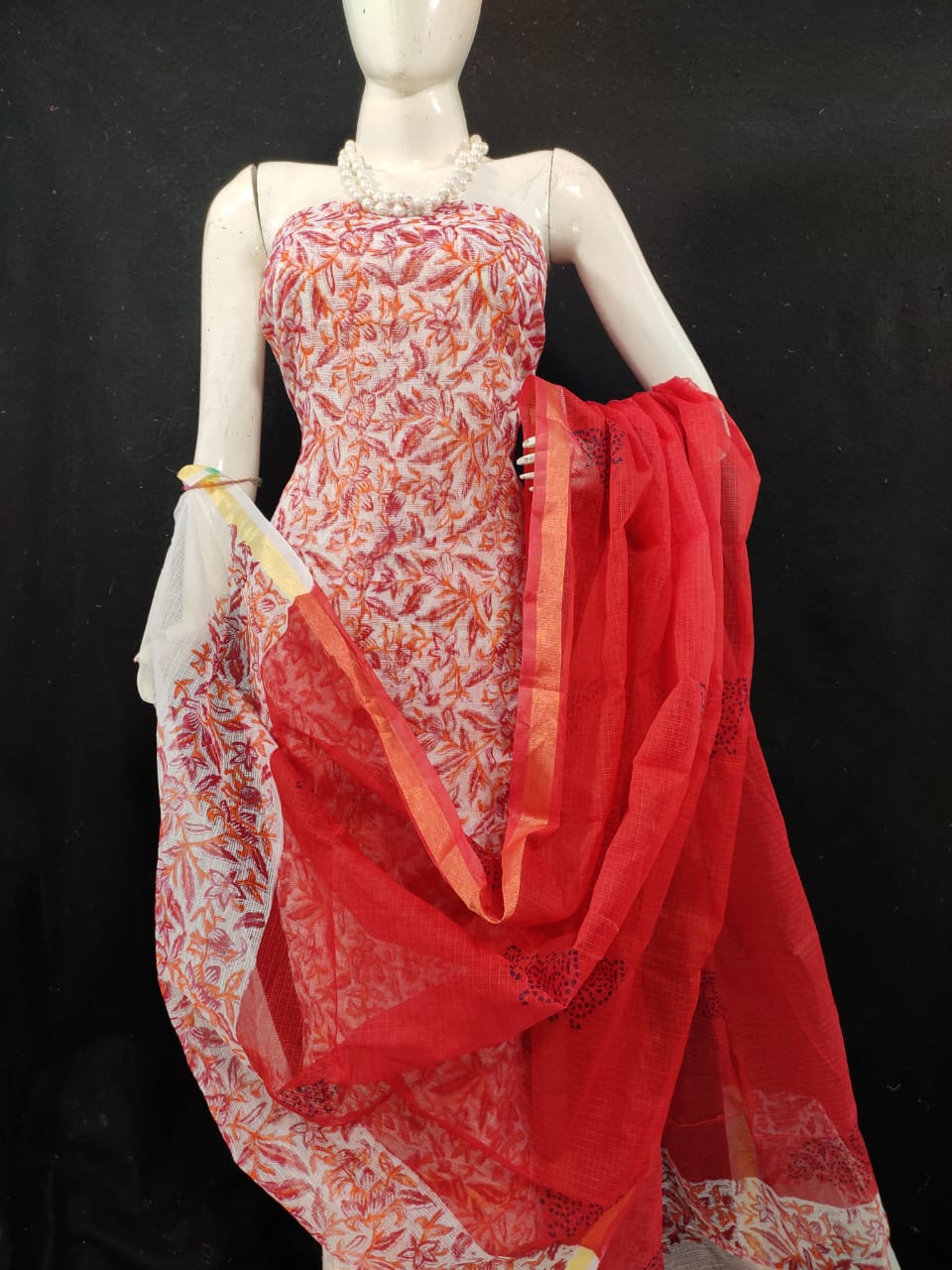 Kota Doria Red Suit Material Handblock Printed with Zari Border Dupatta-Indiehaat