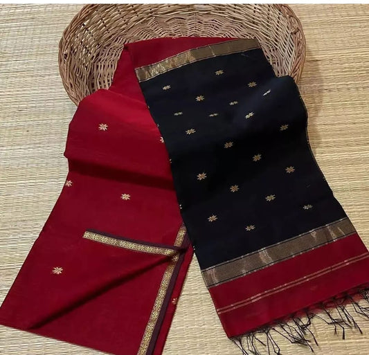 Maheshwari Silk Saree Butta Body Burgundy Red Color with golden zari weaving border and running blouse (Butta Design) - IndieHaat