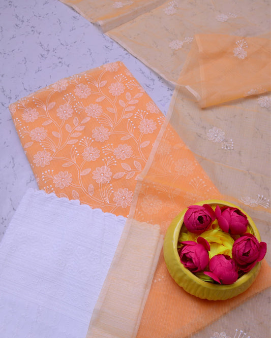 Kota Doria Suits White & Apricot Orange Color Embroidery Work (Top+Bottom+Dupatta) - IndieHaat