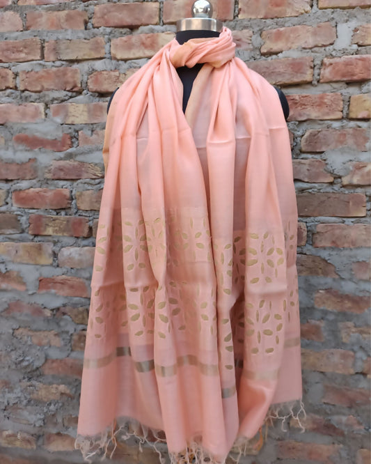 Chanderi Silk Dupatta Ash Rose Pink Color Applique Work - IndieHaat