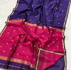 Maheshwari Silk Saree Butta Body Blue Color with golden zari weaving border and running blouse (Butta Design) - IndieHaat