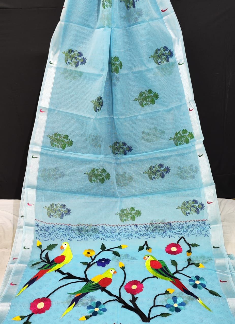 Kota Doria Paithani Embroidery Designer Saree Sky Blue Colour with running blouse