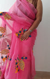 Kota Doria Cotton Saree Embroidered Pink 15% Off - IndieHaat