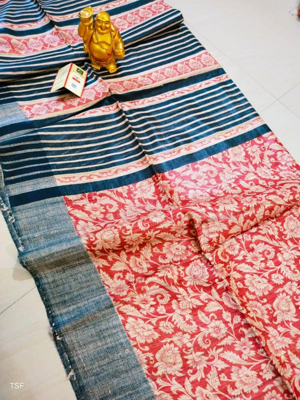 Silkmark Certified Tussar Silk Handloom Handblock Printed Red and Black Saree with Blouse-Indiehaat