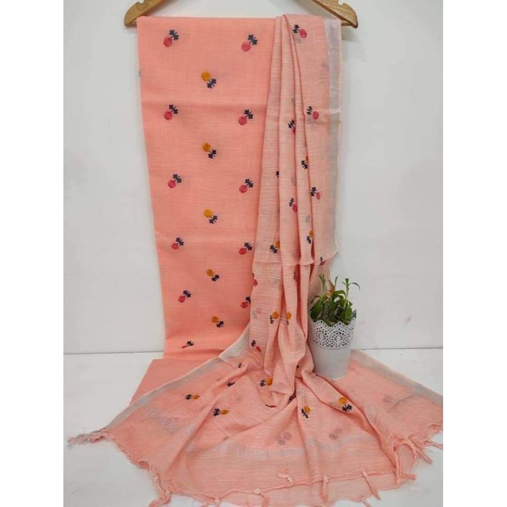 Handcrafted Katan Silk Pink Suit Piece with Bottom and Dupatta-Indiehaat