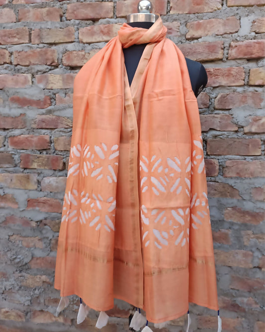 Chanderi Silk Dupatta Salmon Orange Color Applique Work - IndieHaat