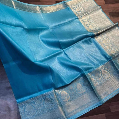Silk Linen Weaving Design Jacquard Handloom Blue Saree with Running Blouse-Indiehaat