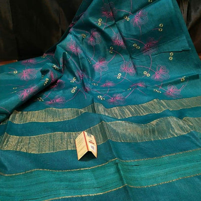 Silkmark Certified Eri Silk Digital Embroidered Green Saree with Running Blouse-Indiehaat