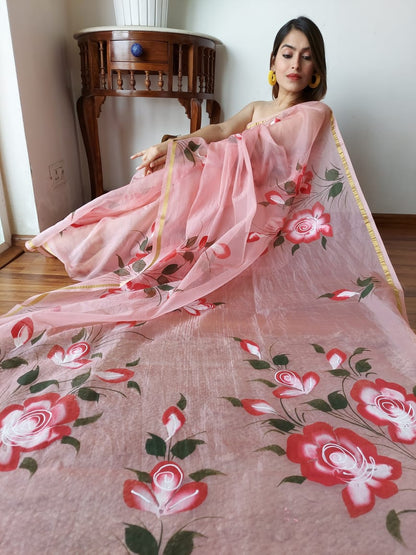 Hand Painted Organza Saree Rose Pink Colour with touch of gold print in vibrant Indian colours and matching running Blouse