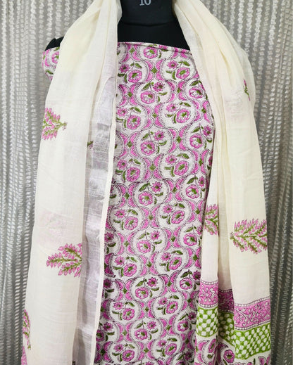 Linen Suit Set Off White Color with Cotton Bottom, Linen Top and Dupatta Handblock Printed - IndieHaat