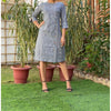 Pure Cotton Gray Ikkat Handblock Printed Prestitched Dress (Size 34 to 46)-Indiehaat