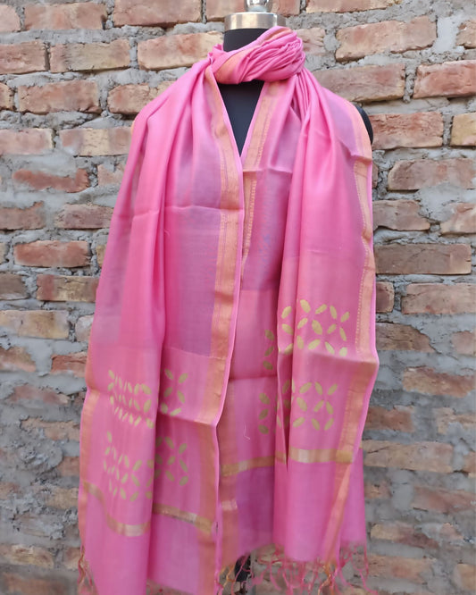 Chanderi Silk Dupatta Pale Magenta Pink Color Applique Work - IndieHaat