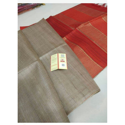 Silkmark Certified Eri Silk with Gichcha Tussar Stripes Hand Dyed Biege Saree with Blouse-Indiehaat