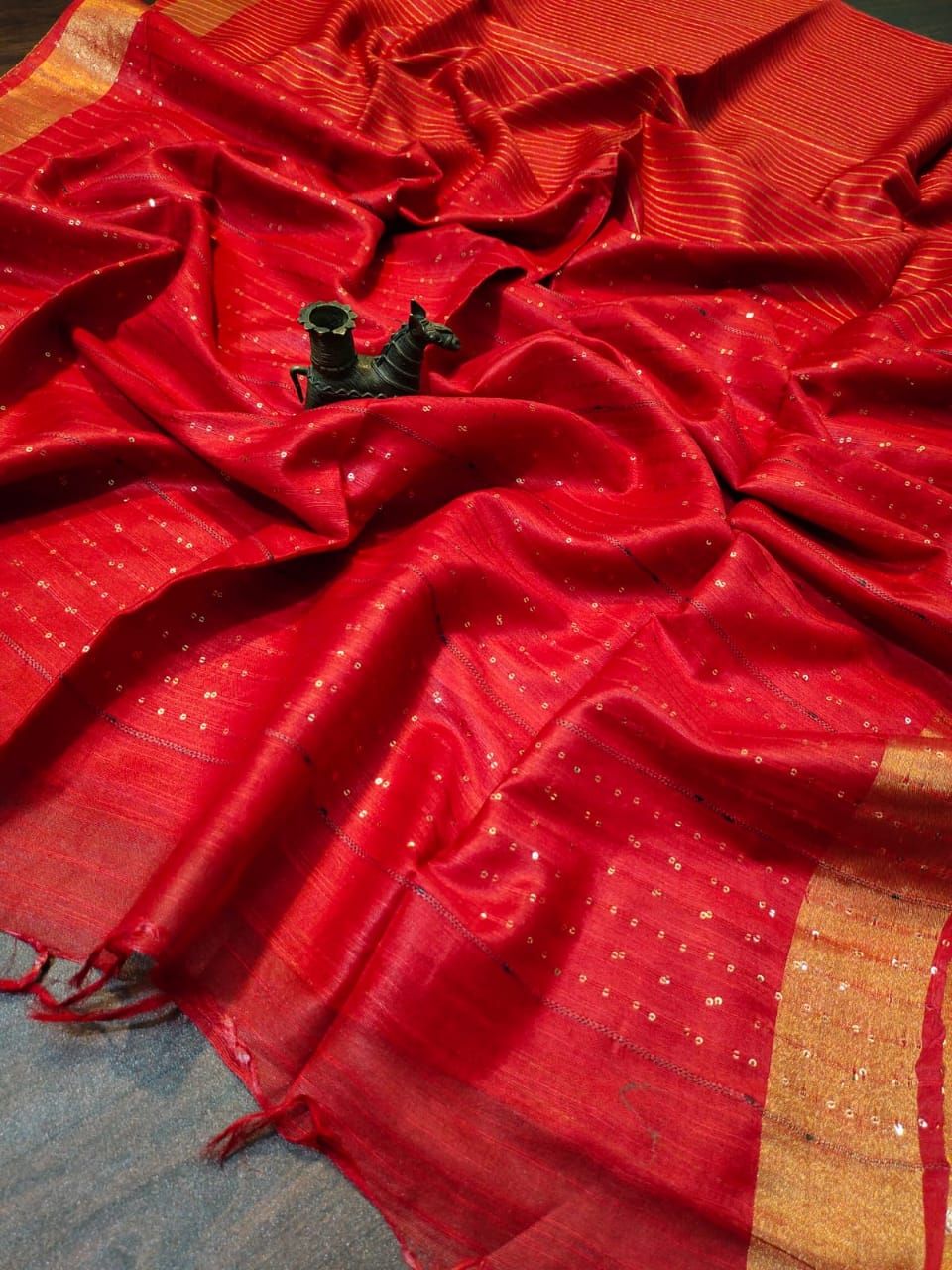Kota Slub Striped Body Sequence Pallu Hand Dyed Red ColourSaree with Blouse-Indiehaat
