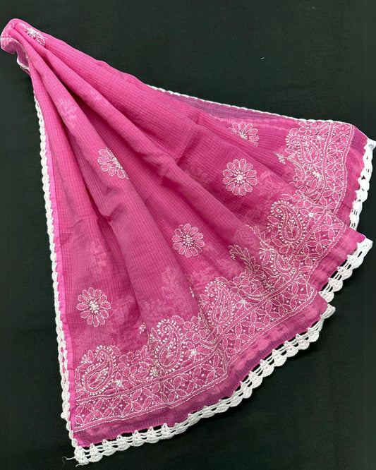 Indiehaat | Kota Doria Dupatta Dark Pink  Color with Chikankari and Crochet Work