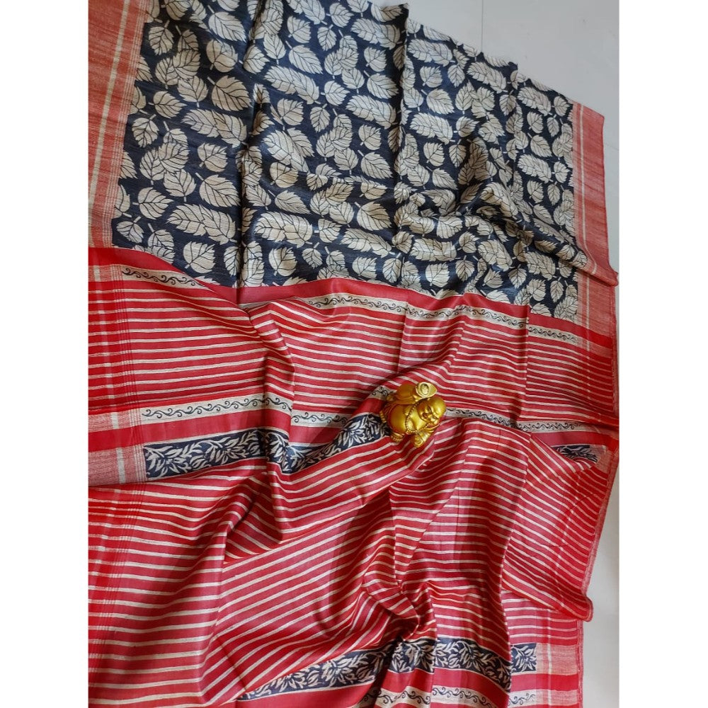 Silkmark Certifiied Tussar Silk Handloom handblock printed Saree with Blouse
