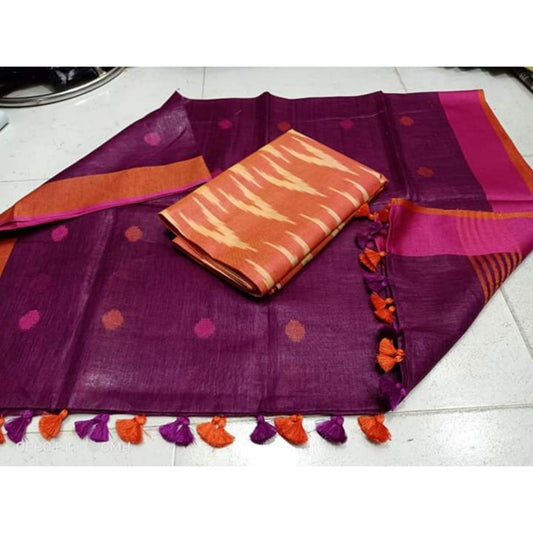 Pure Linen Plum Color Dupatta With Orange Ikkat Kurti Material-Indiehaat