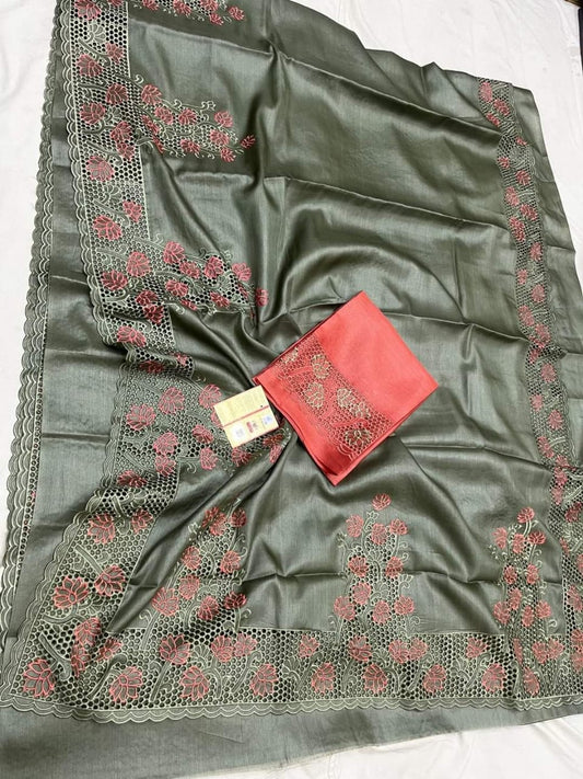 Silkmark Certified Pure Tussar Hand Cutwork Dark Olive Green Color Saree (Tussar by Tussar Fabric) - IndieHaat
